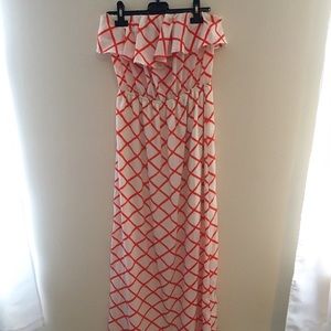 Red and cream strapless maxi dress